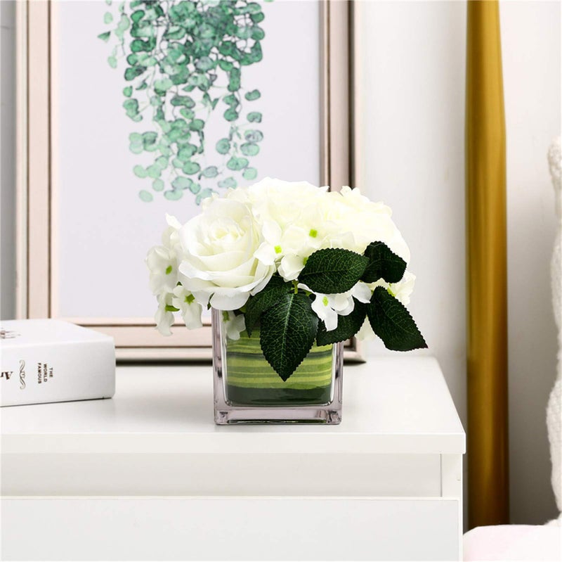 Fule Artificial Silk Rose Flower Centerpiece Arrangement in vase for Home Wedding Decoration (White) - Image 4